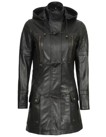 Women's Luxurious Black Hooded Leather Trench Coat