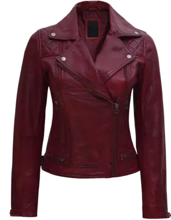 Kimberley Womens Maroon Asymmetrical Leather Biker Jacket