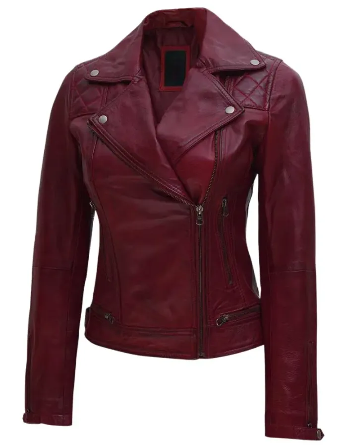 Kimberley Womens Maroon Asymmetrical Leather Biker Jacket Kimberley Womens Maroon Asymmetrical Leather Biker Jacket