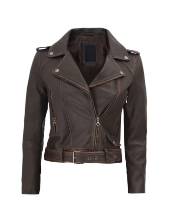 Women's Nellie Cropped Dark Brown Rub-Off Leather Jacket