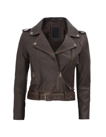 Women's Nellie Cropped Dark Brown Rub-Off Leather Jacket