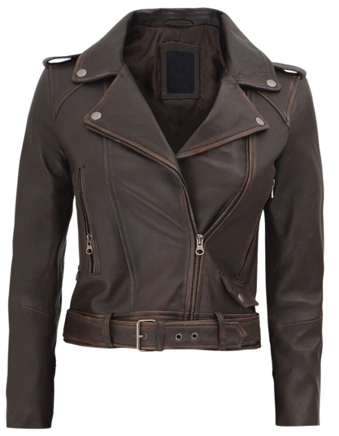 Women's Nellie Cropped Dark Brown Rub-Off Leather Jacket