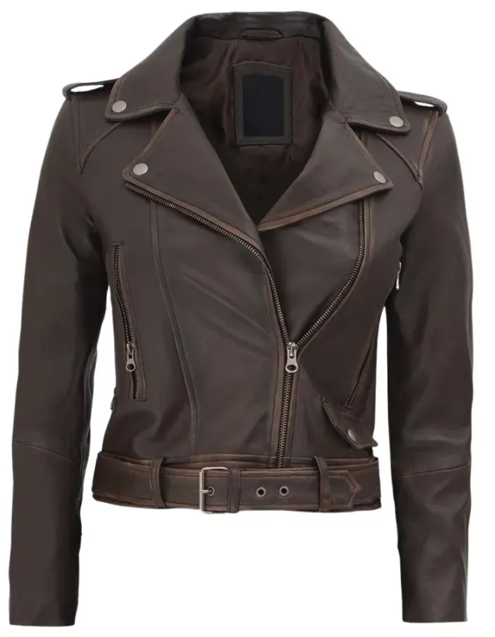Women's Nellie Cropped Dark Brown Rub-Off Leather Jacket