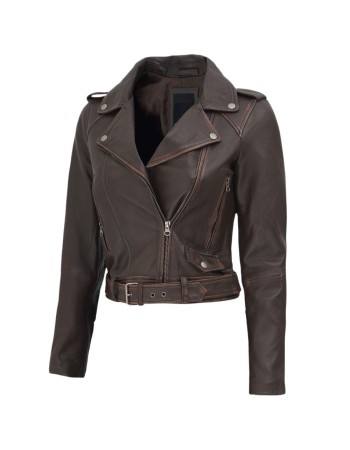 Women's Nellie Cropped Dark Brown Rub-Off Leather Jacket Women's Nellie Cropped Dark Brown Rub-Off Leather Jacket