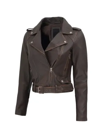 Women's Nellie Cropped Dark Brown Rub-Off Leather Jacket Women's Nellie Cropped Dark Brown Rub-Off Leather Jacket