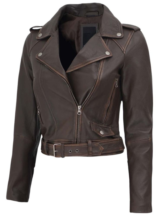 Women's Nellie Cropped Dark Brown Rub-Off Leather Jacket
