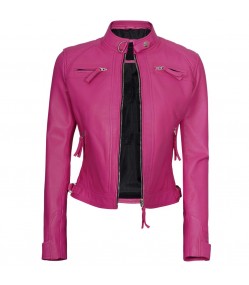Womens Pink Real Leather Motorcycle Jacket