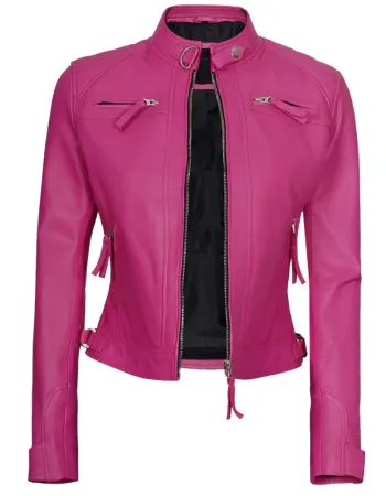 Womens Pink Real Leather Motorcycle Jacket