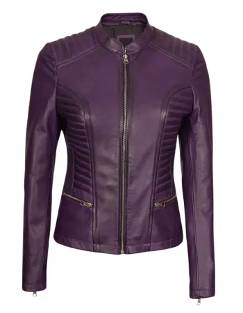 Womens Quilted Purple Leather Moto Jacket