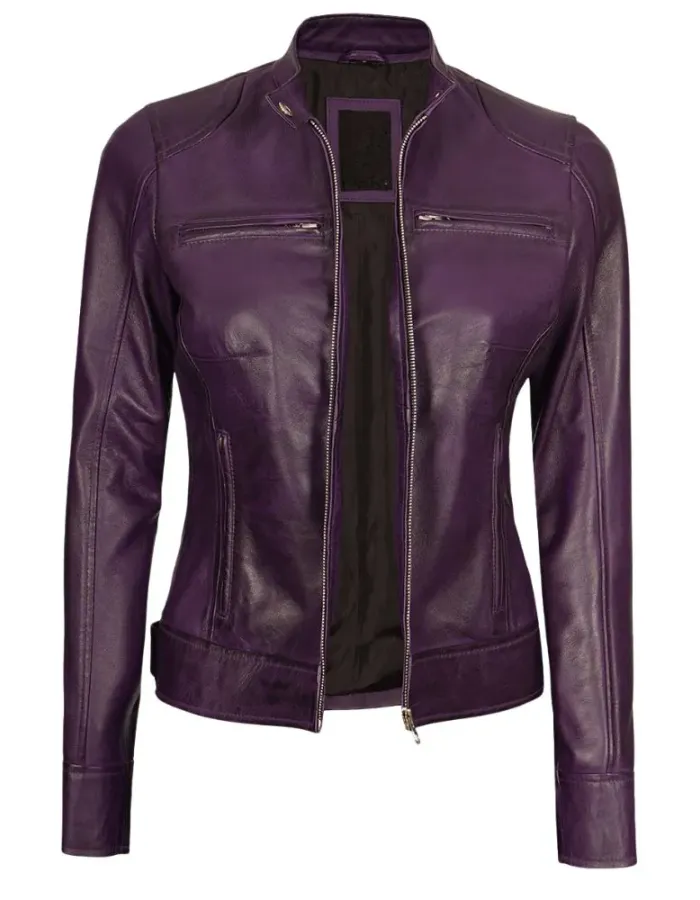 Dodge Womens Cafe Racer Purple Real Leather Moto Jacket Dodge Womens Cafe Racer Purple Real Leather Moto Jacket