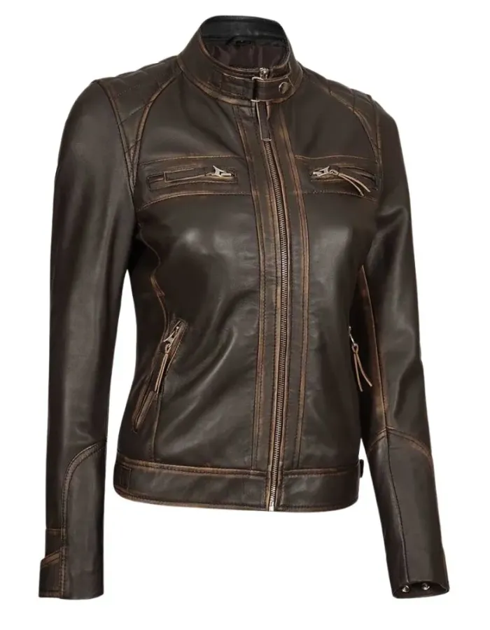 Womens Quilted Dark Brown Leather Motorcycle Jacket