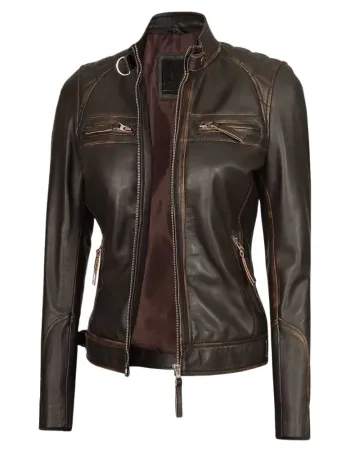 Womens Quilted Dark Brown Leather Motorcycle Jacket