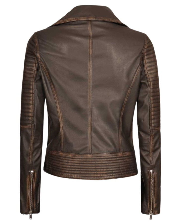 Womens Rub-Off Dark Brown Asymmetrical Padded Leather Jacket Womens Rub-Off Dark Brown Asymmetrical Padded Leather Jacket