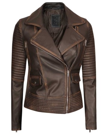 Womens Rub-Off Dark Brown Asymmetrical Padded Leather Jacket