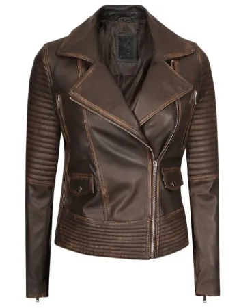 Womens Rub-Off Dark Brown Asymmetrical Padded Leather Jacket