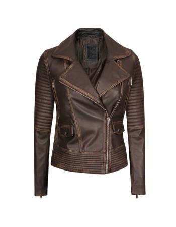 Womens Rub-Off Dark Brown Asymmetrical Padded Leather Jacket