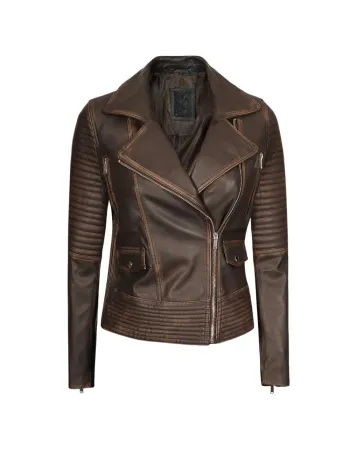 Womens Rub-Off Dark Brown Asymmetrical Padded Leather Jacket