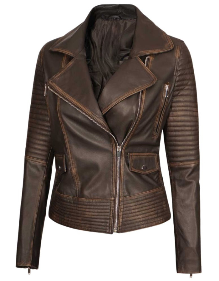 Womens Rub-Off Dark Brown Asymmetrical Padded Leather Jacket Womens Rub-Off Dark Brown Asymmetrical Padded Leather Jacket