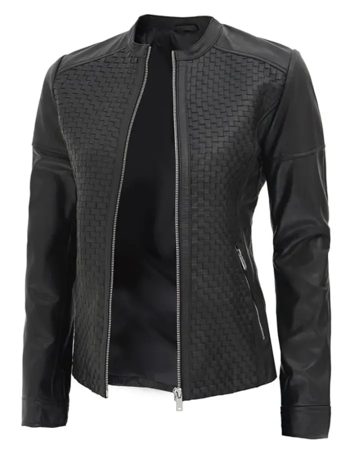 Women's Black Textured Slim Fit Leather Jacket Women's Black Textured Slim Fit Leather Jacket
