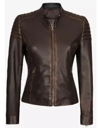 Womens Slim-Fit Vintage Dark Brown Distressed Leather Jacket