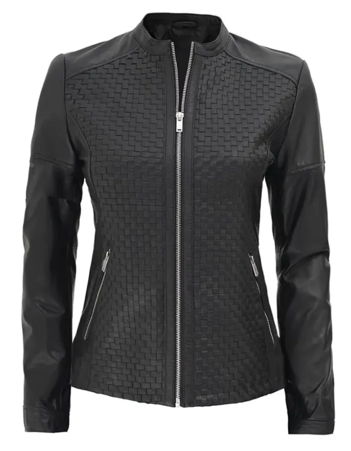 Women's Black Textured Slim Fit Leather Jacket Women's Black Textured Slim Fit Leather Jacket