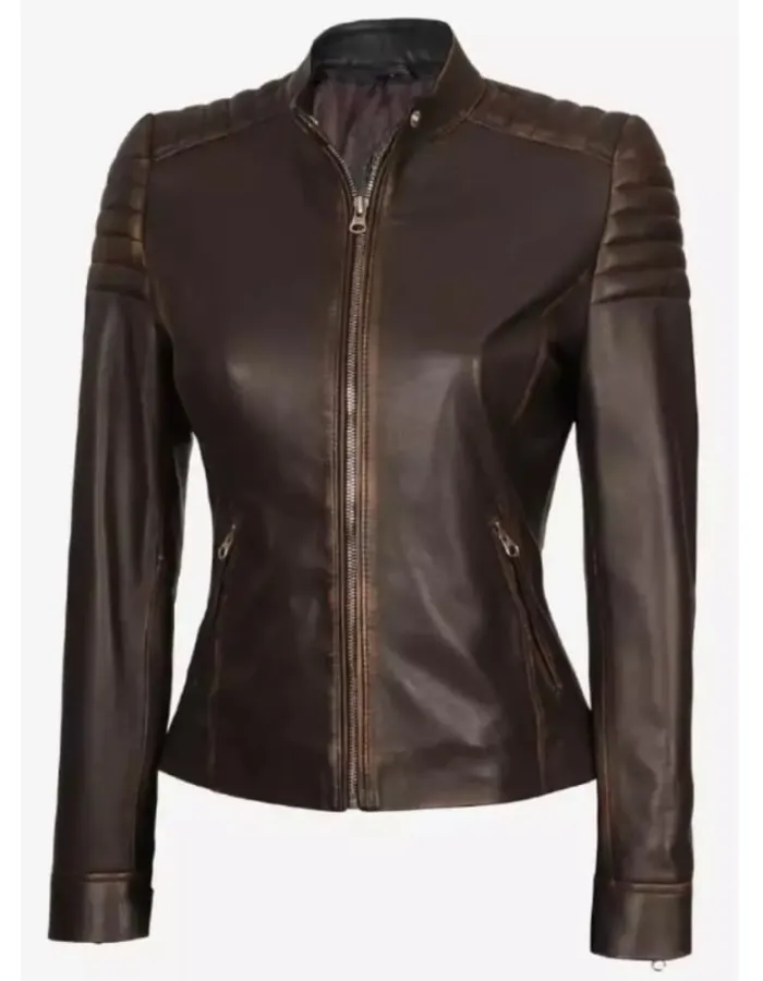 Womens Slim-Fit Vintage Dark Brown Distressed Leather Jacket Womens Slim-Fit Vintage Dark Brown Distressed Leather Jacket