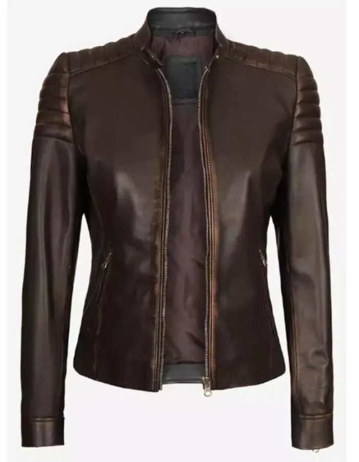 Womens Slim-Fit Vintage Dark Brown Distressed Leather Jacket Womens Slim-Fit Vintage Dark Brown Distressed Leather Jacket