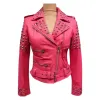 Womens Studded Pink Biker Leather Jacket