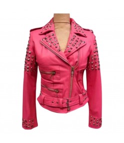 Womens Studded Pink Biker Leather Jacket