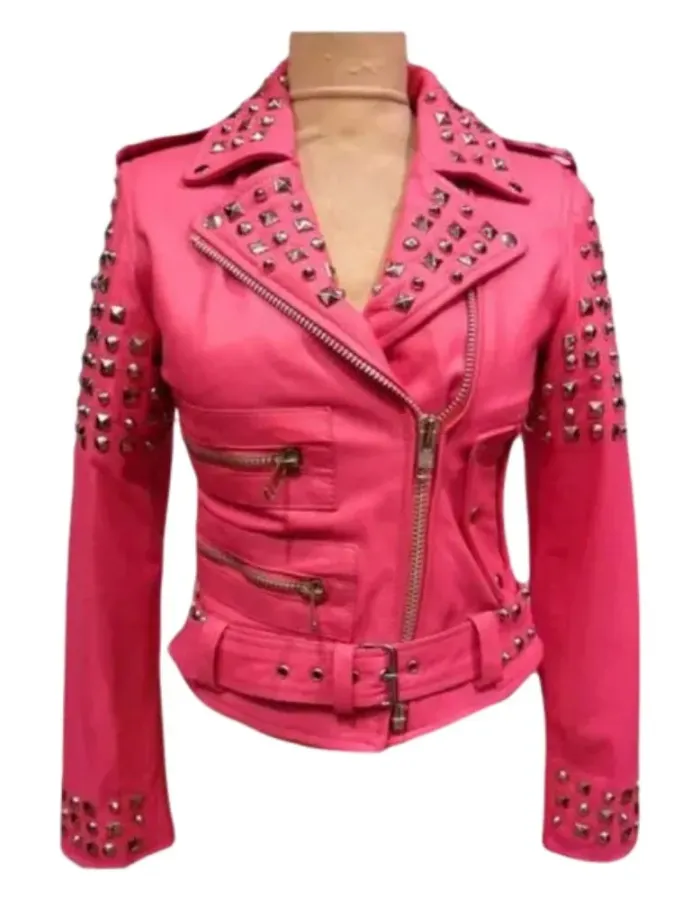Womens Studded Pink Biker Leather Jacket