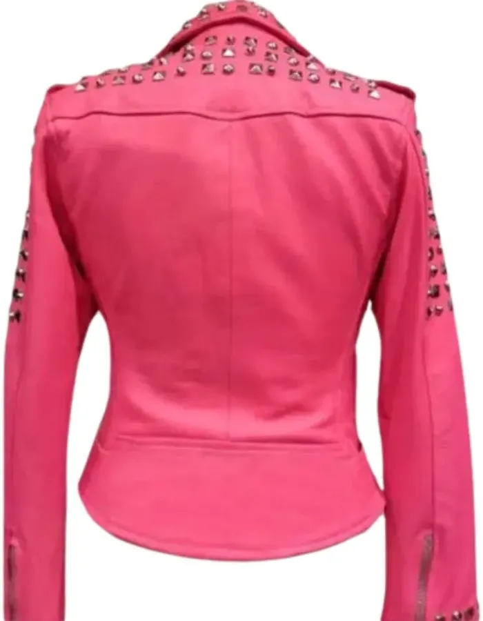 Womens Studded Pink Biker Leather Jacket