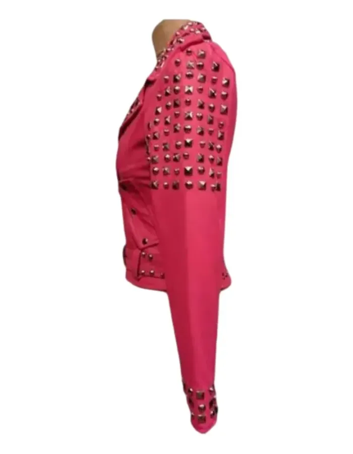Womens Studded Pink Biker Leather Jacket
