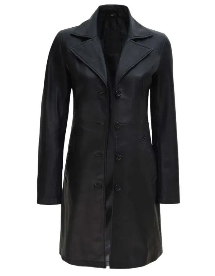 Women's Tall Black Wide Collar Trench Leather Coat