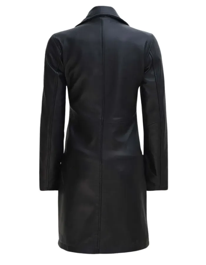 Women's Tall Black Wide Collar Trench Leather Coat