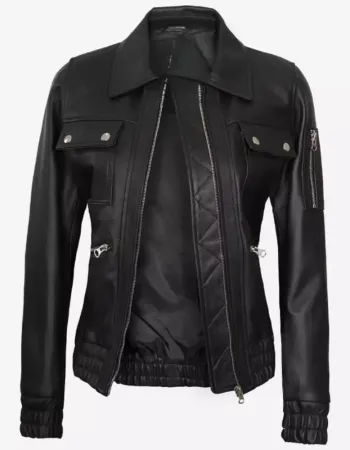 Womens Trucker Black Bomber Leather Jacket