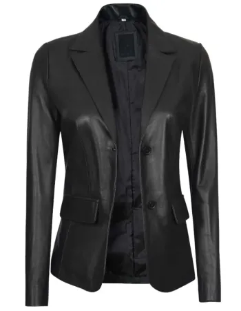 Women's Two Button Black Leather Blazer