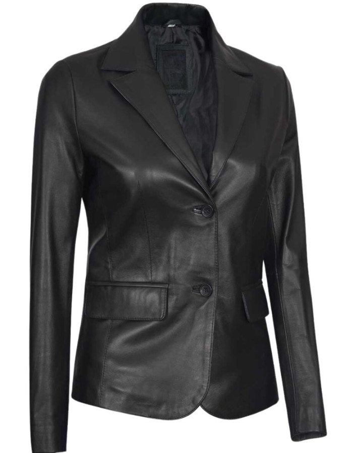 Women's Two Button Black Leather Blazer