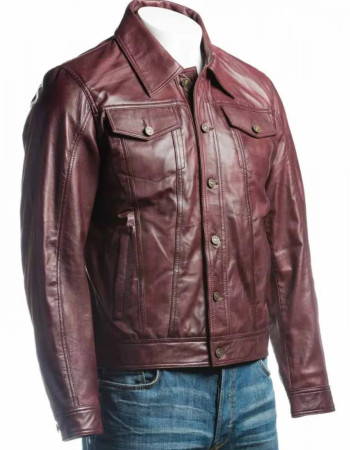 Men's Burgundy Trucker Leather Jacket Men's Burgundy Trucker Leather Jacket