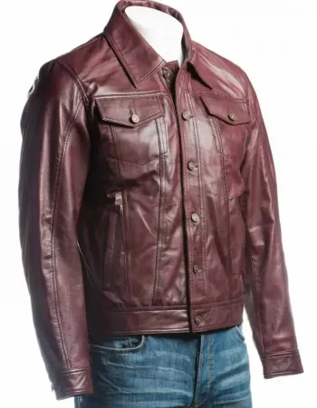 Men's Burgundy Trucker Leather Jacket