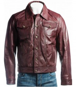 Men's Burgundy Trucker Leather Jacket