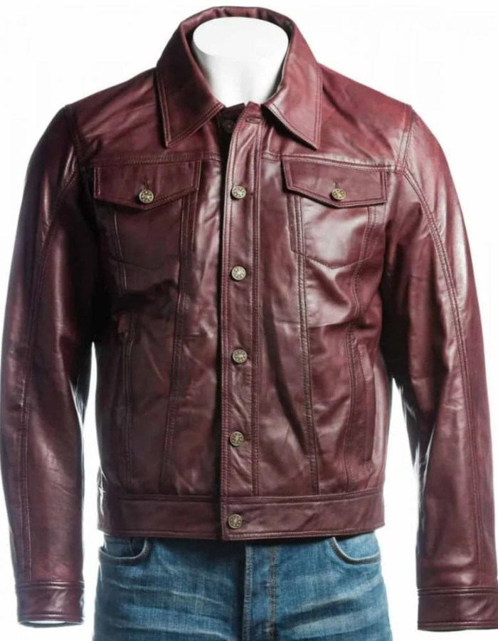 Men's Burgundy Trucker Leather Jacket Men's Burgundy Trucker Leather Jacket