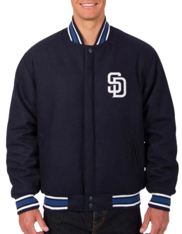 San Diego Padres Navy Blue Varsity Bomber Wool Jacket San Diego Padres Navy Blue Varsity Bomber Wool Jacket