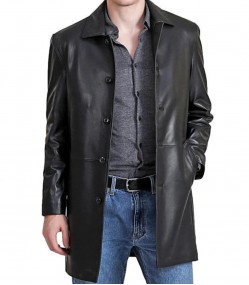 Bristol Mens 3 Quarter Length Shirt Collar Black Leather Car Coat