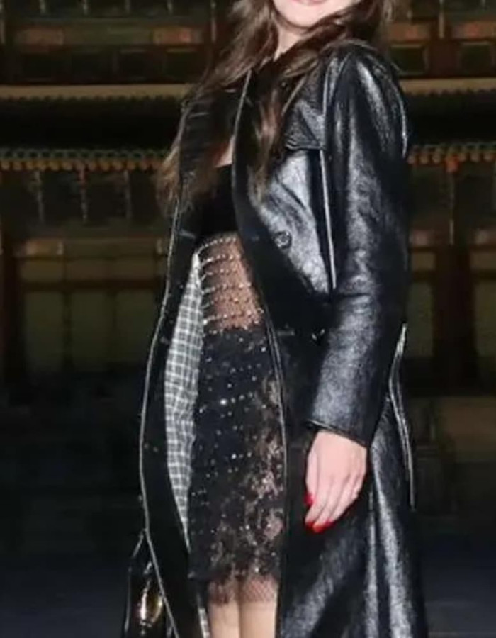 Dakota Johnson Gucci Cruise 2024 Black Leather Trench Coat