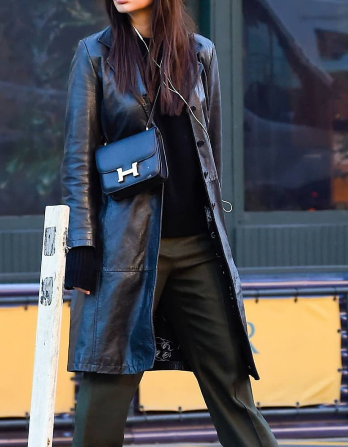 Emily Ratajkowski Black Leather Trench Coat Emily Ratajkowski Black Leather Trench Coat