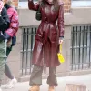 Emily Ratajkowski Burgundy Leather Trench Coat