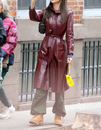 Emily Ratajkowski Burgundy Leather Trench Coat Emily Ratajkowski Burgundy Leather Trench Coat