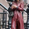 Emily Ratajkowski Burgundy Leather Trench Coat