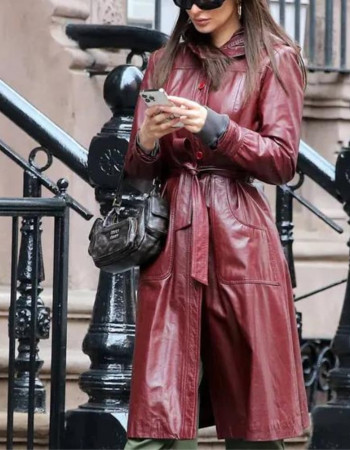Emily Ratajkowski Burgundy Leather Trench Coat