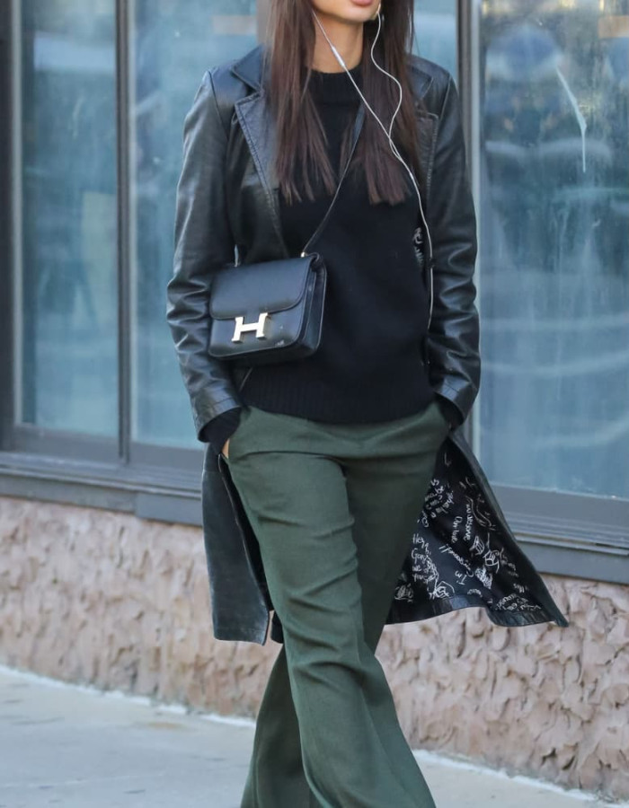 Emily Ratajkowski Black Leather Trench Coat Emily Ratajkowski Black Leather Trench Coat